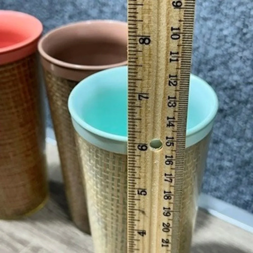 VTG MCM Raffiaware Thermo Tumblers Plastic Insulated Set of 3 Tiki Kitsch RARE